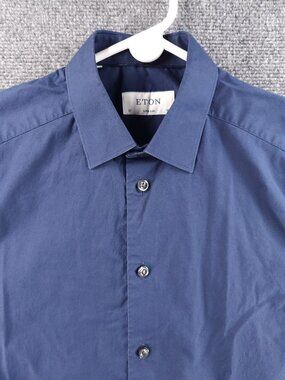 Eton Romania 14.5 Super Slim Blue Shirt Poplin Stretch Cotton Elastic Button Up